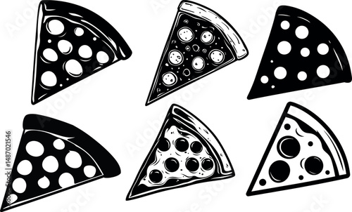 Six pizza slices with pepperoni isolated on a white background