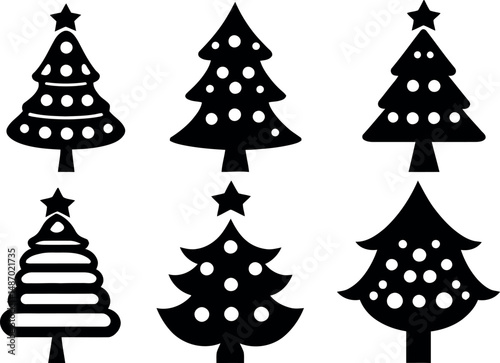 Six stylized christmas trees with star toppers isolated on a white background