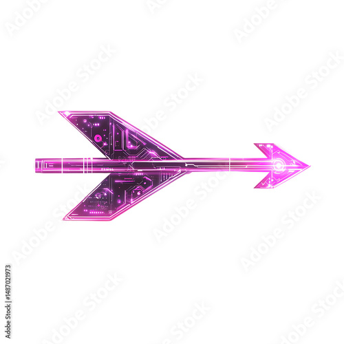 Futuristic Arrow with Digital Motifs in Neon Magenta Isolated on Transparent Background