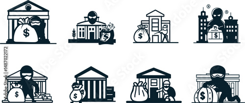Set of bank robbery icons with masked thief and money bag