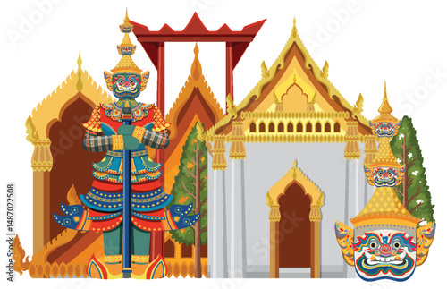 Traditional Thai Architecture and Mythical Guardian Illustration