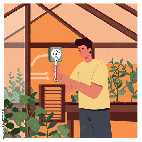 Man checking temperature in greenhouse with plants and ventilation system indoor environment 