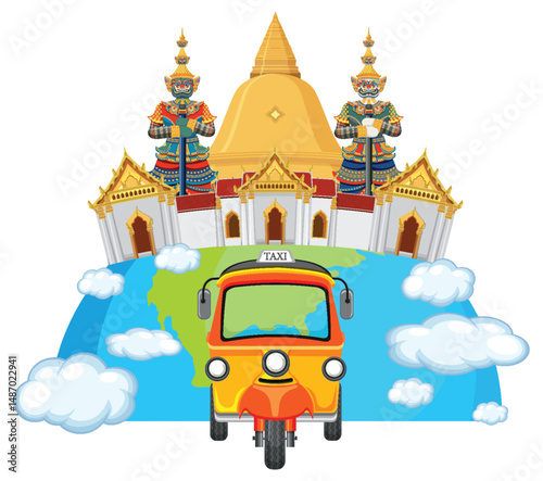 Colorful Thai Tuk-Tuk and Temple Illustration
