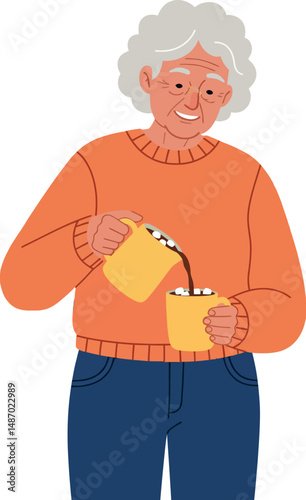 Elderly woman pouring hot chocolate with marshmallows in orange sweater and blue jeans vector illustration 