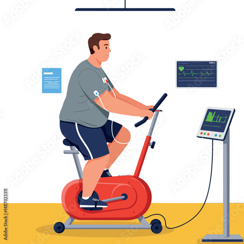Overweight man exercising on stationary bike with heart monitoring medical equipment vector illustration 