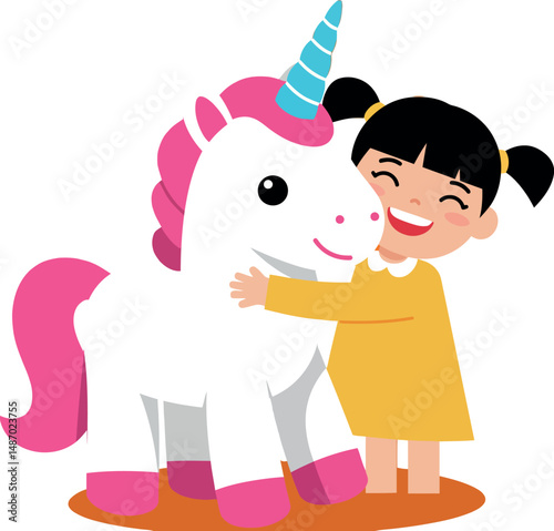 Girl hugging white unicorn with pink mane and blue horn in playful scene 