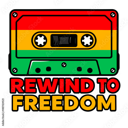 Cassette tape in Pan-African colors with Rewind to Freedom slogan