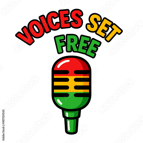 Microphone in Pan-African colors with Voices Set Free slogan