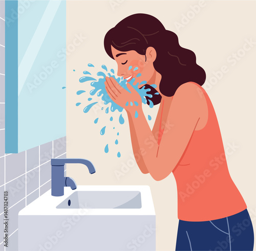 Woman washing face with water in bathroom sink daily hygiene routine vector illustration 