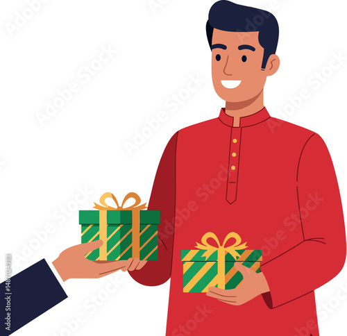 Man in red kurta receiving and giving green gift boxes with yellow bows vector illustration 
