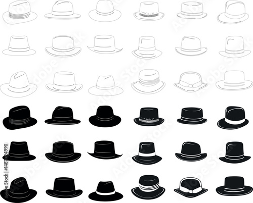 Collection of various hat styles in black and white on a white background