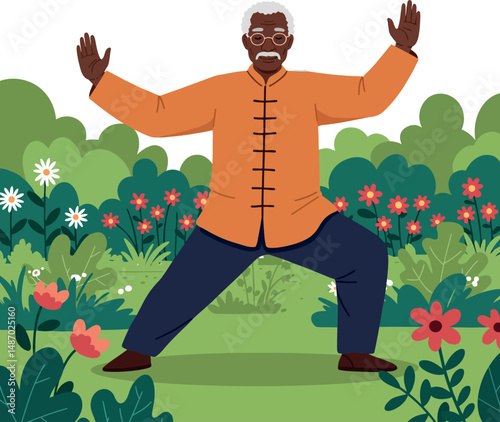 Elderly man practicing tai chi in garden with green and red flowers vector illustration 
