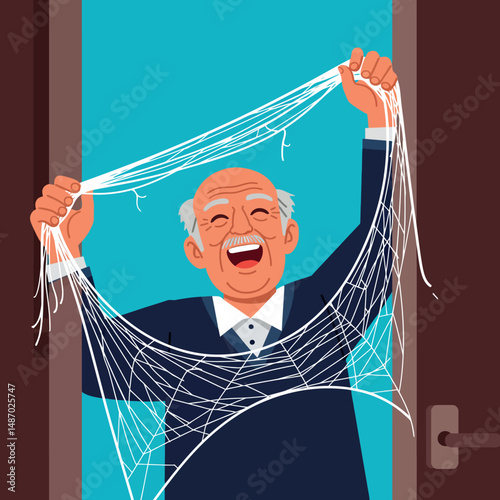 Elderly man happily stretching spring cleaning cobwebs indoors vector illustration 