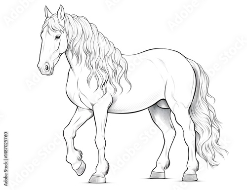 A coloring page of an elegant shire horse wearing a saddle and bridle.