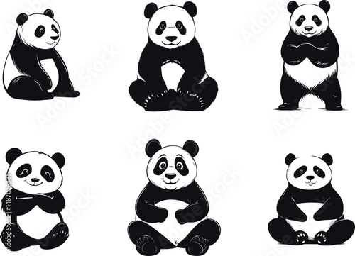 Six panda bear illustrations isolated on a white background