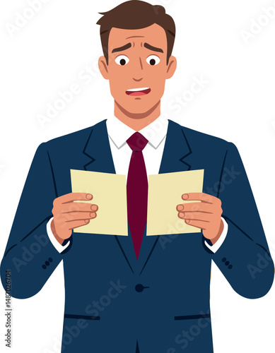 Businessman in navy suit holding paper with worried expression vector illustration 