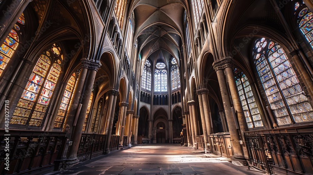Interior View of an Old Cathedral with Ornate Architecture and Stained Glass Windows Interior View of an Old Cathedral with Ornate Architecture and Stained Glass Windows
