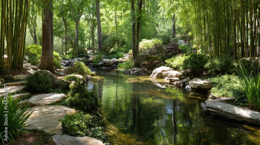 Tranquil Nature Scene with Lush Green Trees, Serene Water Reflection, and Natural Stones in a Peaceful Forest Setting Tranquil Nature Scene with Lush Green Trees, Serene Water Reflection, and Natural Stones in a Peaceful Forest Setting