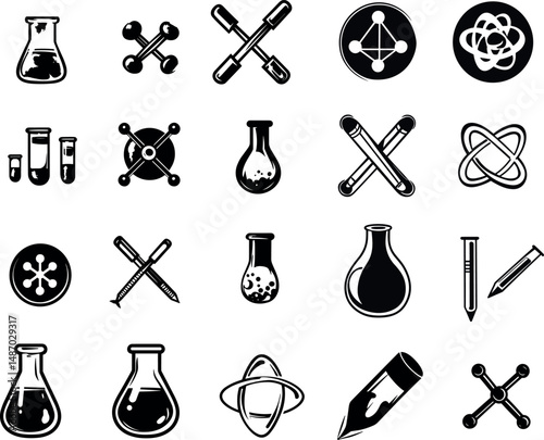 Collection of science and chemistry icons isolated on a white background