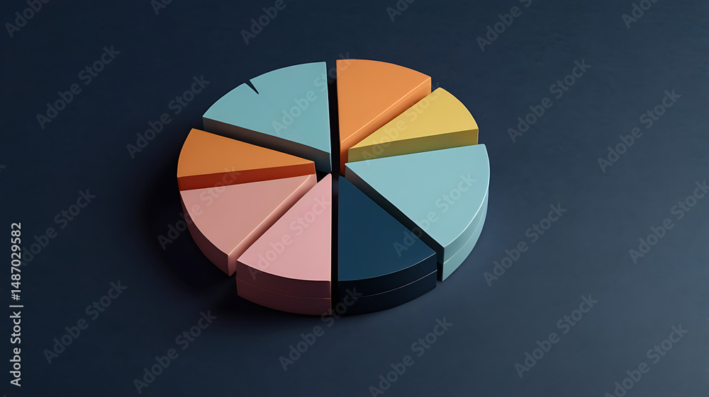 Obraz premium A 3D pie chart with four colorful segments in pastel tones, placed on a dark blue background, minimal isometric design.