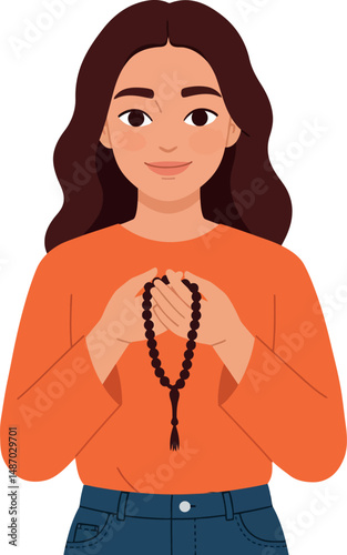 Woman holding prayer beads with orange sweater and blue jeans vector illustration portrait 