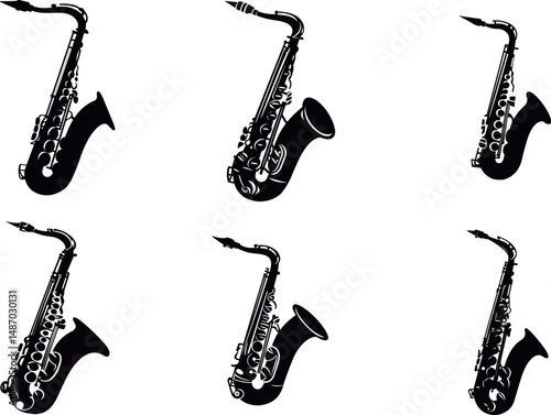 Six black saxophone silhouettes isolated on a white background