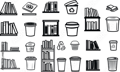 Illustration of books on shelves and various recycle containers on a white background