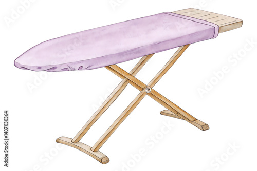 Watercolor Illustration of an Ironing Board with a Light Purple Cover on a Black Background.