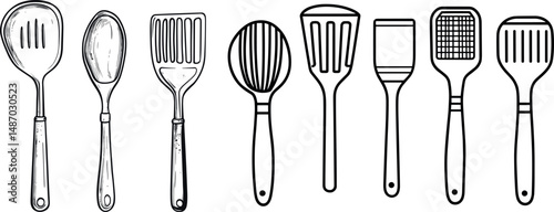 Set of different spatulas and spoons isolated on a white background