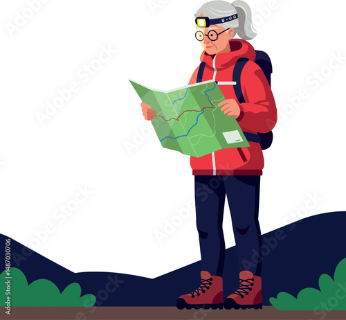 Elderly Woman Hiking with Map and Headlamp in Outdoor Adventure Scene 
