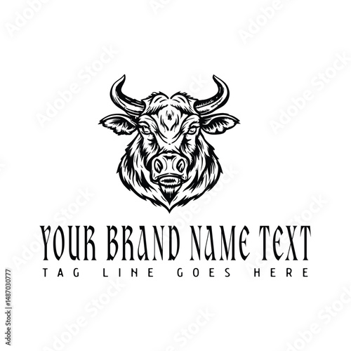 Hand drawn cow logo illustration in vintage style