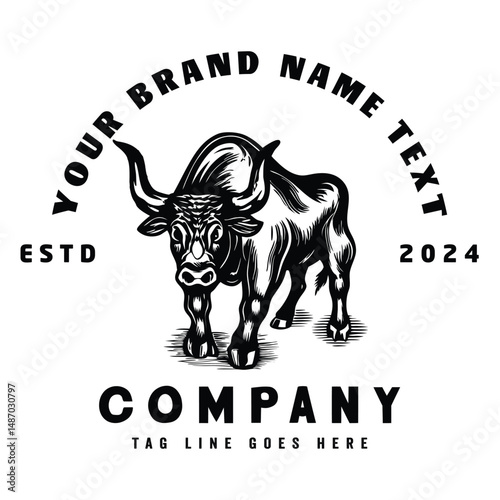 Hand drawn Bull logo illustration in vintage style