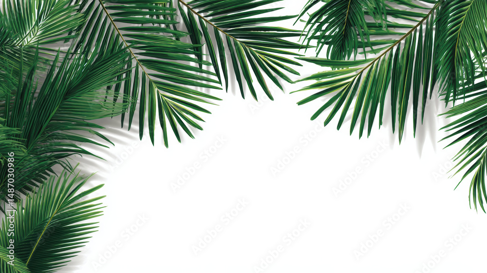 Naklejka premium Lush green palm leaves create vibrant frame against clean white background, evoking tropical and refreshing atmosphere
