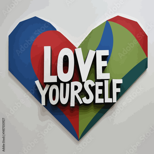 Modern Abstract Heart Design Love Yourself Inspirational Motivational Positive SelfCare Artwork Graphic Red Blue Green Colors Bold Typography Wall Art Print Home Decor joy text hope mind body soul    