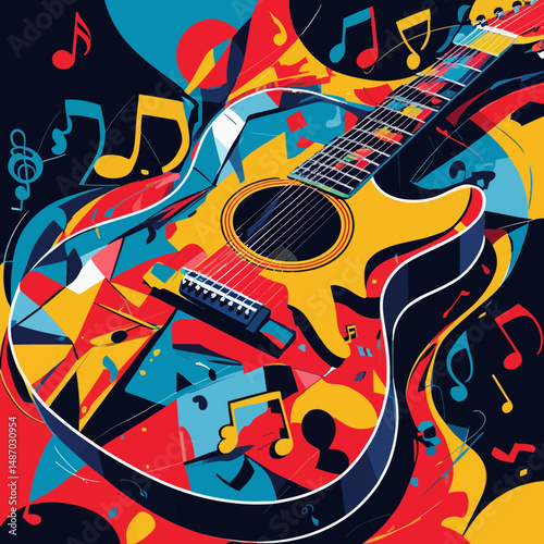 Vibrant Abstract Guitar Music Design Colorful Yellow Red Blue Graphic Art Illustration Modern Artistic Acoustic Instrument Musical Notes Background Image Digital Painting Creative Artwork Bold Strokes