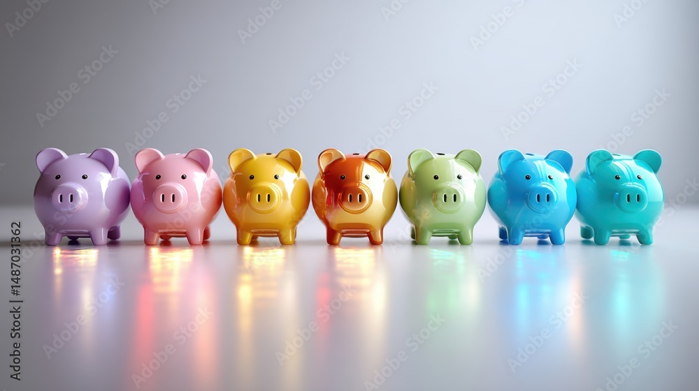 Obraz premium Row of Colorful Piggy Banks with Rainbow Reflections