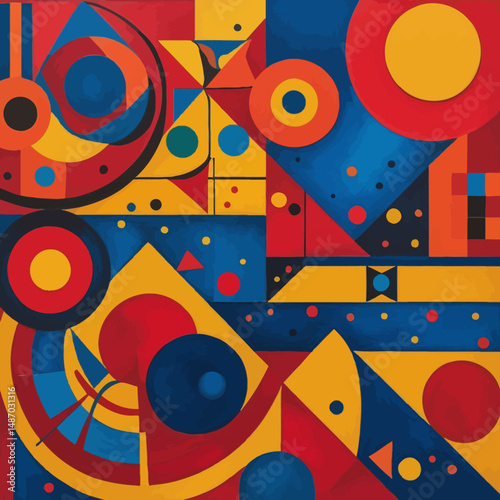 Abstract Geometric Red Yellow Blue Circles Triangles Modern Art Painting Design Contemporary Artwork Vibrant Bold Colors Creative Visual Graphic Illustration Background Texture wall style image decor 