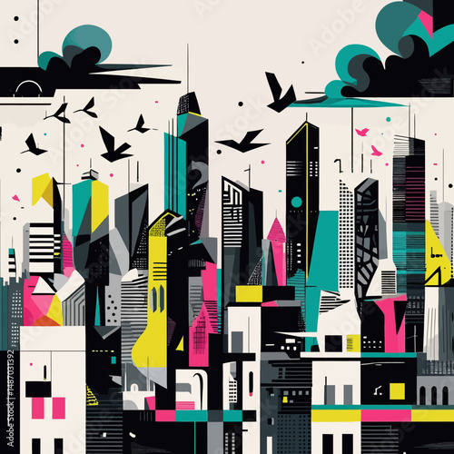 Abstract Cityscape Skyline Modern Geometric Urban Buildings Design Illustration Art Graphic Colorful Architecture Background Image Vector town bold style vivid clean towers houses shapes colors bright