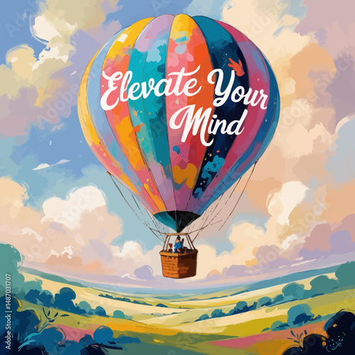 Colorful Hot Air Balloon Adventure Artistic Sky View Elevate Your Mind Peaceful Landscape Serene Travel Journey Couple Romantic Flight Peaceful Nature Scenery Vibrant Artistic Illustration Digital    