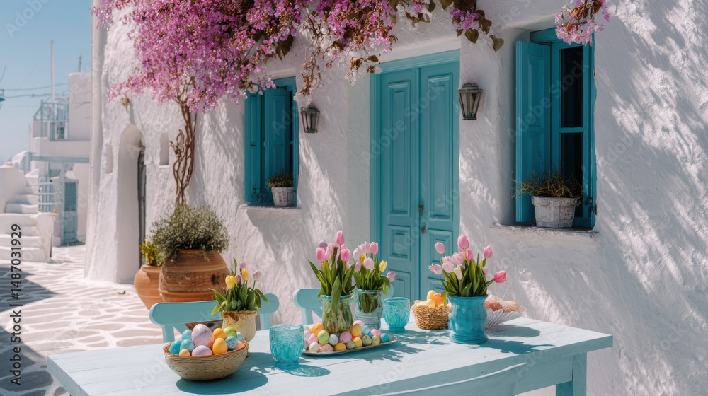 Fototapeta premium charming outdoor setting featuring turquoise table adorned with colorful tulips and Easter eggs, surrounded by blooming