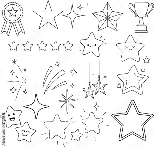 A vector set of stars with an editable stroke, a stars collection, review, rating, and star vector icons with a transparent background