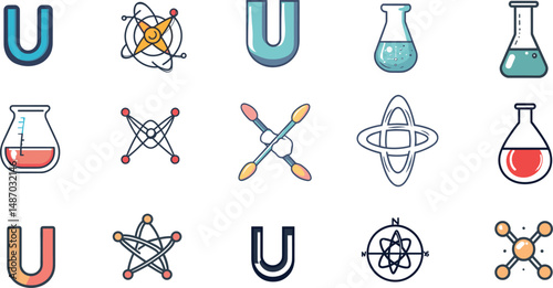 Collection of science and chemistry icons isolated on a white background