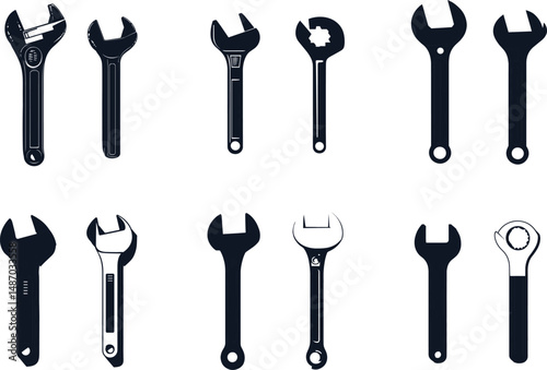 Collection of different wrench types isolated on a white background