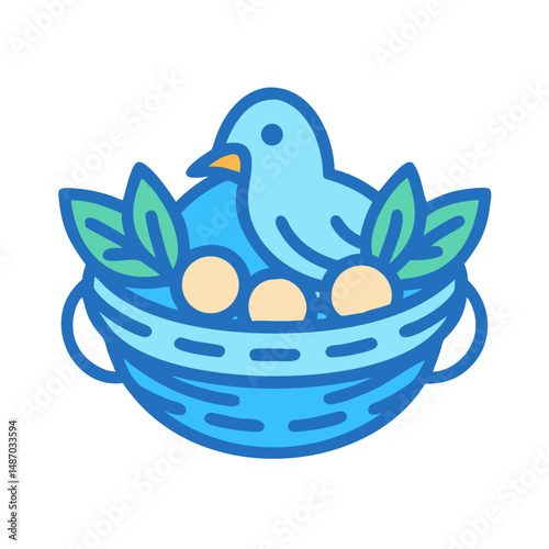 Stylized bird nest with eggs and leaves vector illustration