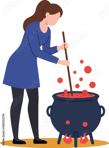 Woman stirring bubbling red potion in large black cauldron vector illustration 
