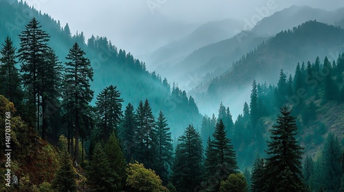 Misty Mountain Forest with Pine Trees and Fog Layers