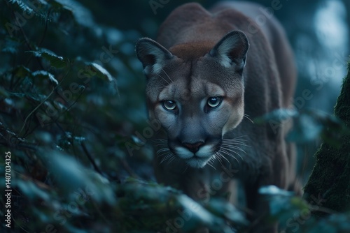 Stealthy Cougar Moving Through the Forest Undergrowth