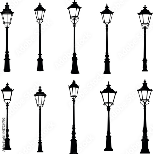 Set of ten different lamppost silhouettes isolated on a white background