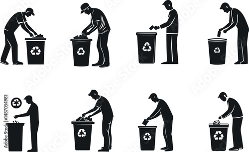 Silhouetted man throwing trash into a recycle bin on a white background