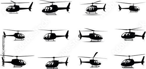 Twelve helicopter silhouettes isolated on a white background